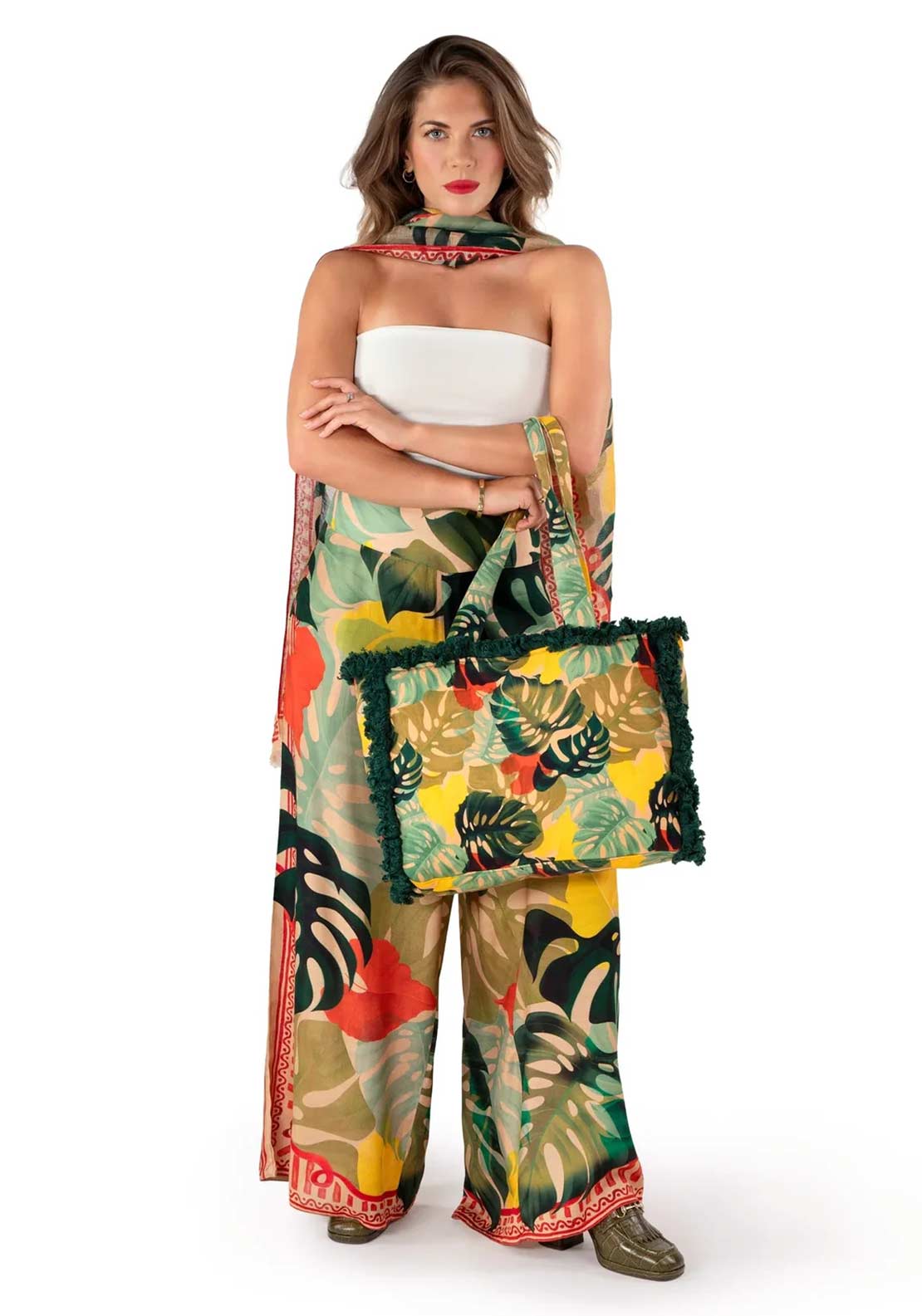 Powder Exotic Leaves Zip Tote Bag, Green