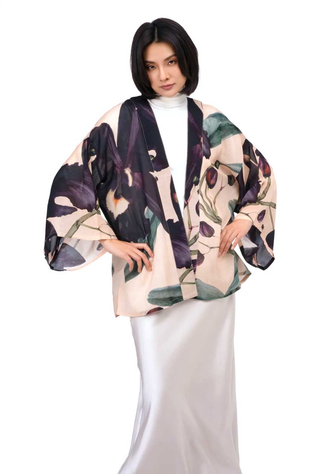Powder Midnight Orchid Short Kimono Jacket, Cream Multi