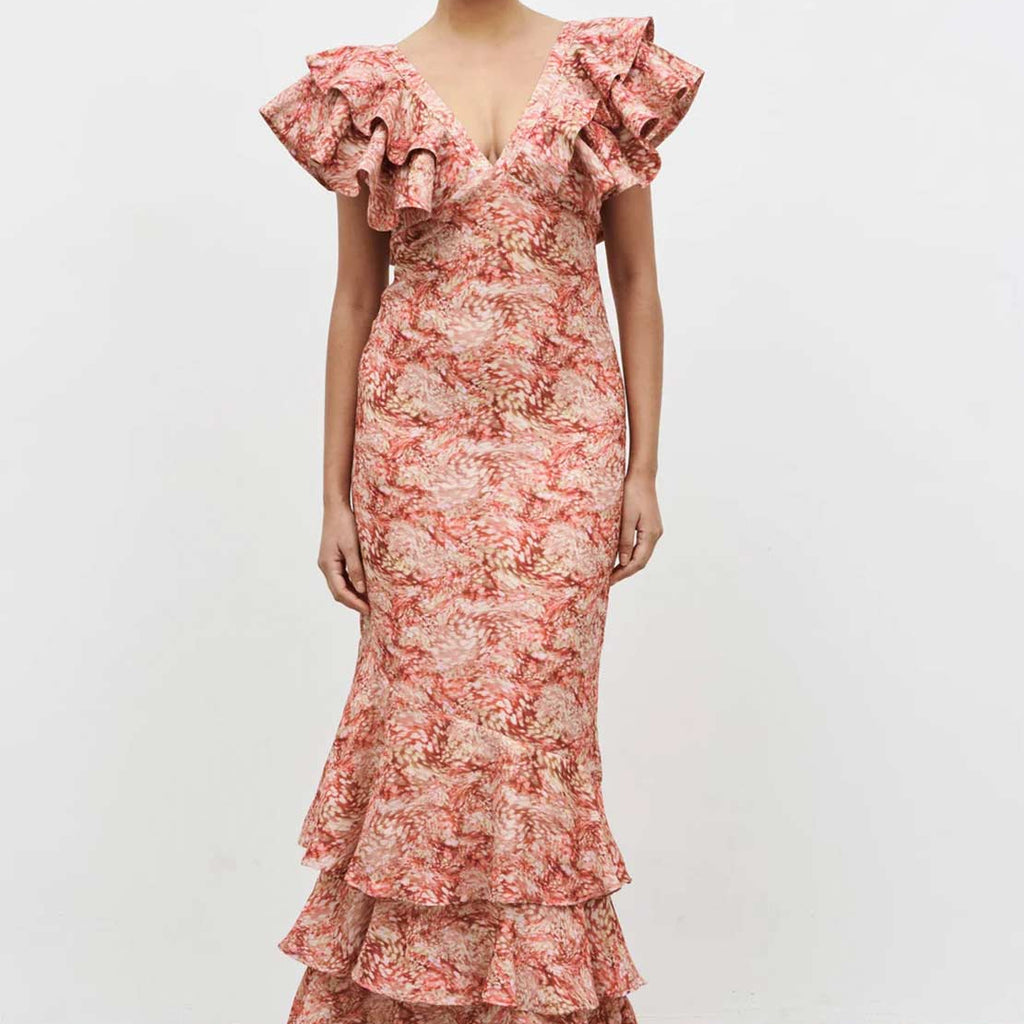 elowen ruffle maxi dress in pink Pretty Lavish Alani V Neck Ruffle Maxi Dress, Pink