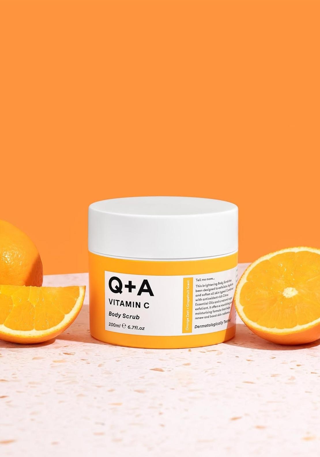 Q+A Vitamin C Body Scrub 200ml, Orange Zest and Grapefruit Scent