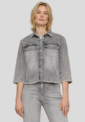 Rabe Distressed Rhinestone Detail Denim Jacket, Grey