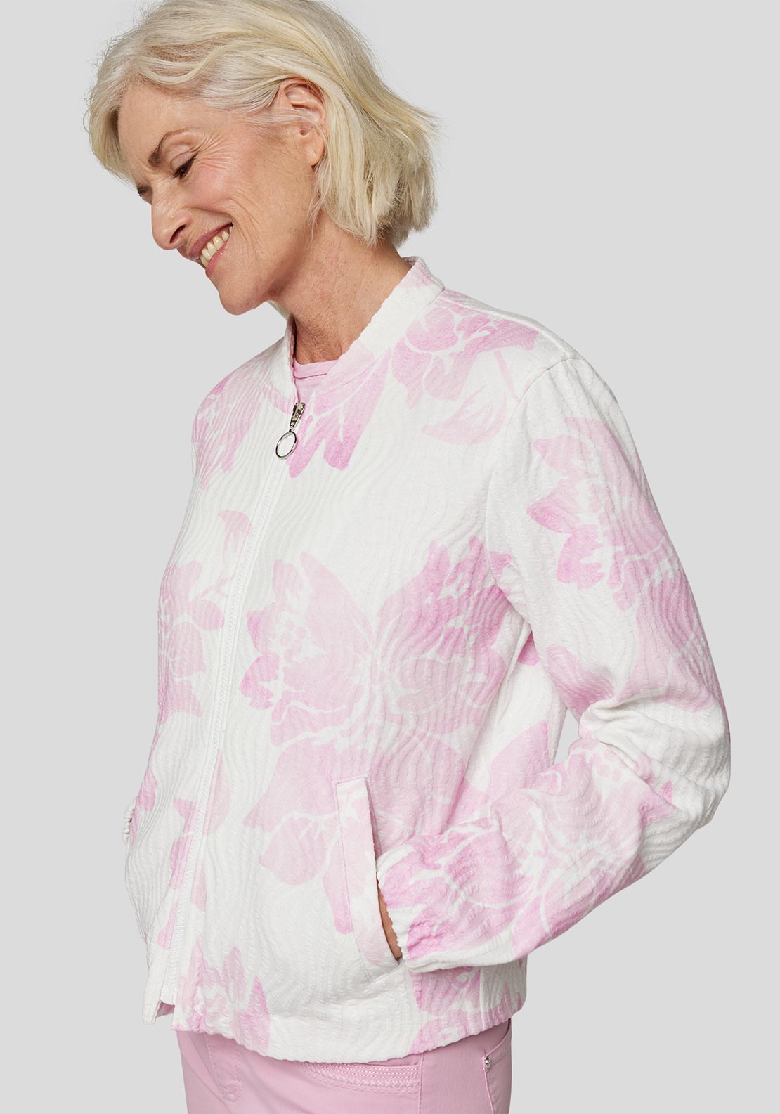Rabe Floral Print Zipped Jacket, Pink and White