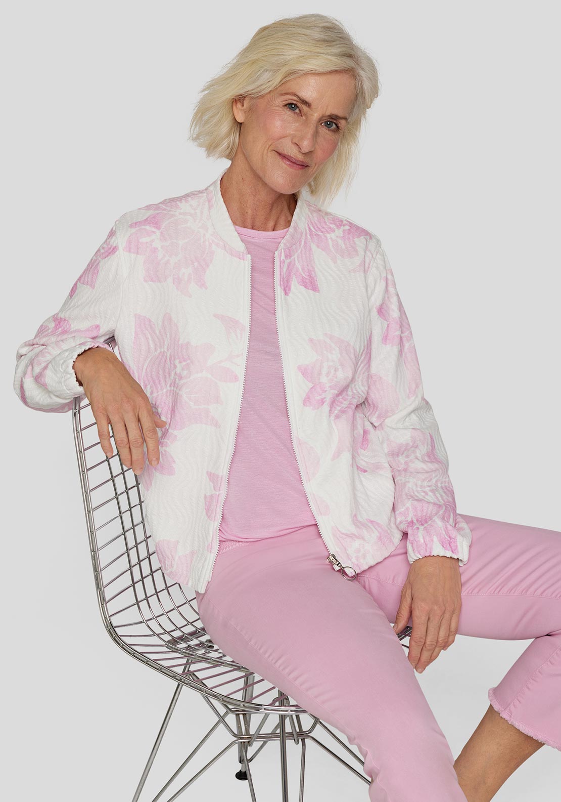 Rabe Floral Print Zipped Jacket, Pink and White