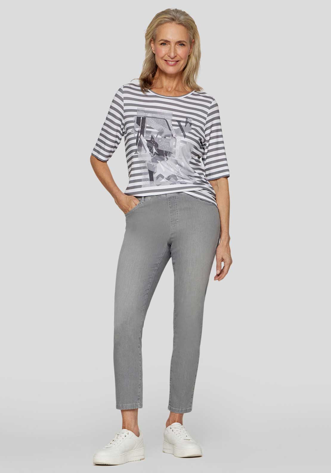 Rabe Embellished Striped Top, Grey and White