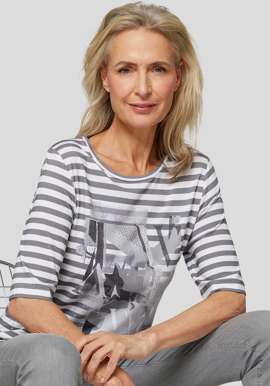 Rabe Embellished Striped Top, Grey and White