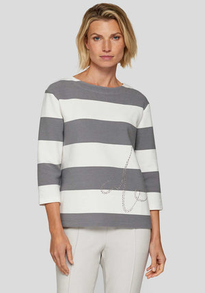 Rabe Embellished Striped Print Top, Grey and White