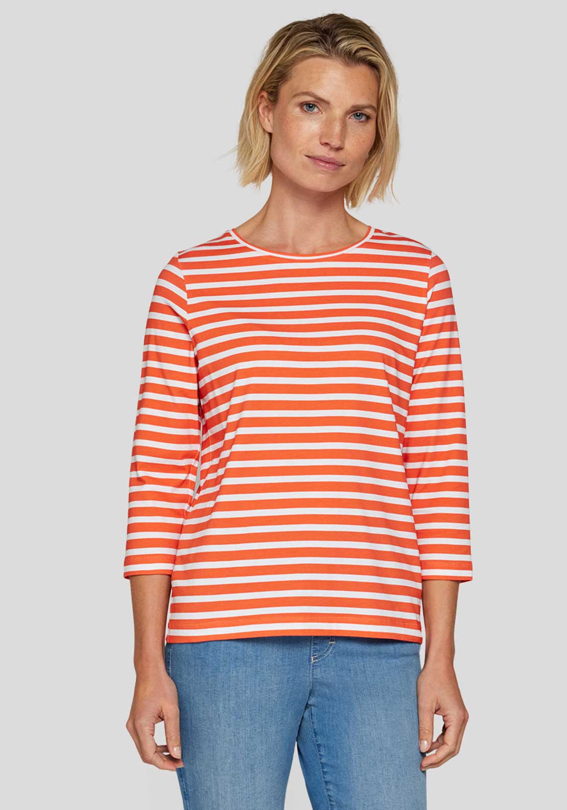 Rabe Striped Round Neck Top, Orange and White