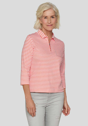 Rabe Zip Neck Striped Top, Orange and White