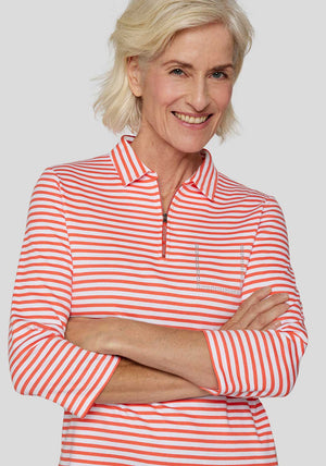 Rabe Zip Neck Striped Top, Orange and White