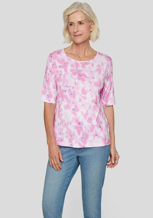 Rabe Blurred Floral Cropped Sleeve Top, Pink