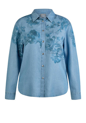 Rabe Flower Print Embellished Denim Shirt, Blue