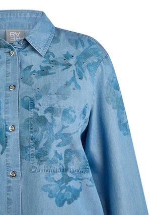 Rabe Flower Print Embellished Denim Shirt, Blue