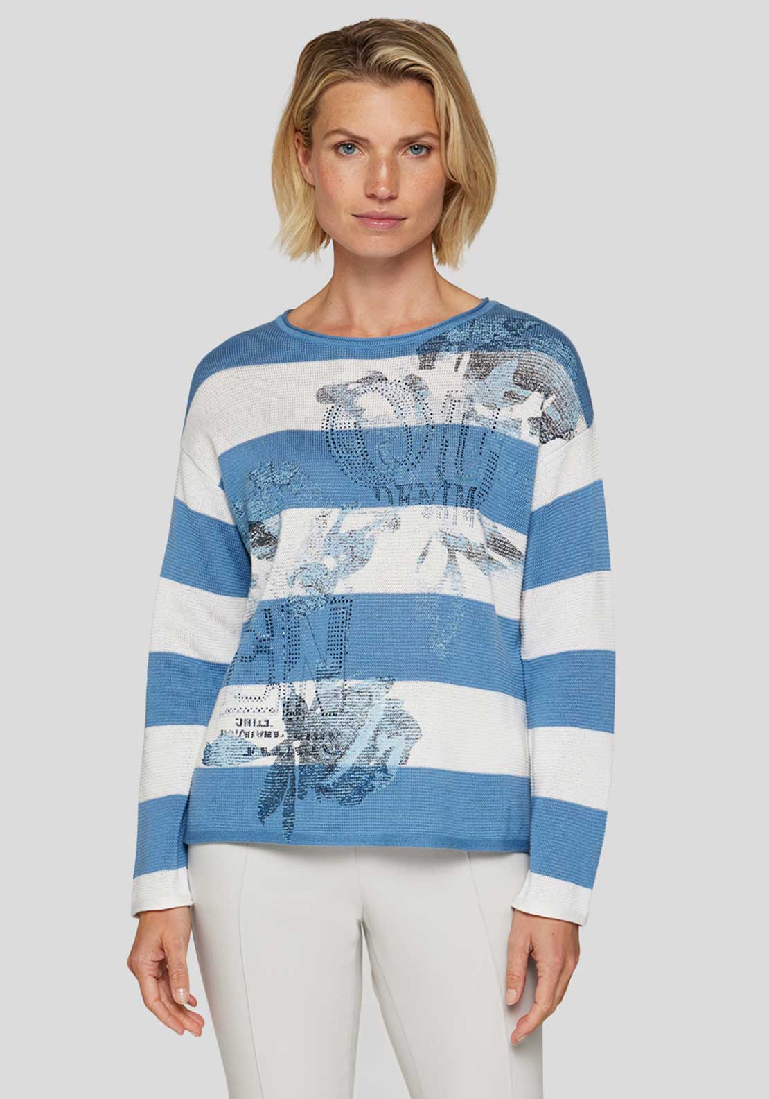 Rabe Embellished Floral Striped Jumper, Blue and White