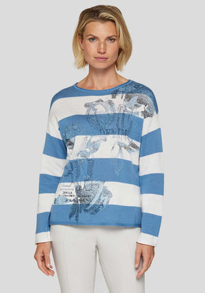 Rabe Embellished Floral Striped Jumper, Blue and White