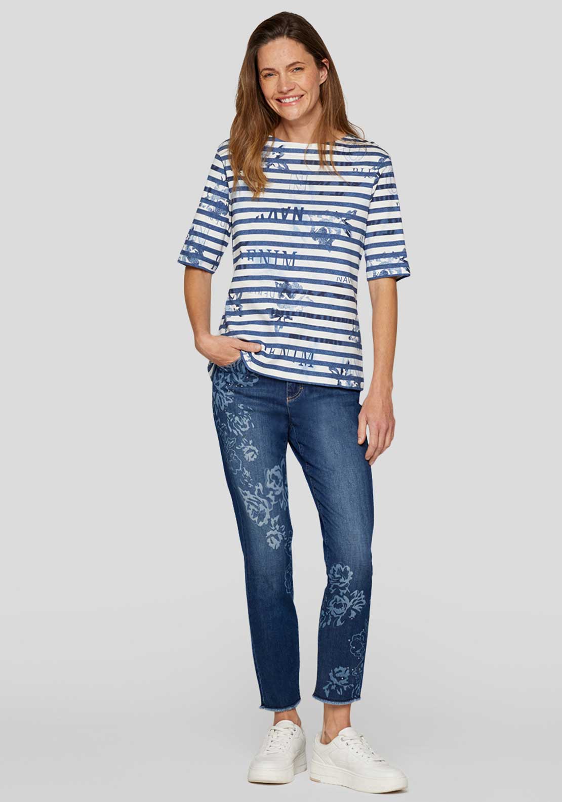Rabe Floral Print Striped Top, Navy and White