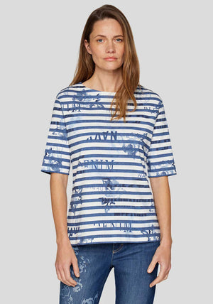 Rabe Floral Print Striped Top, Navy and White