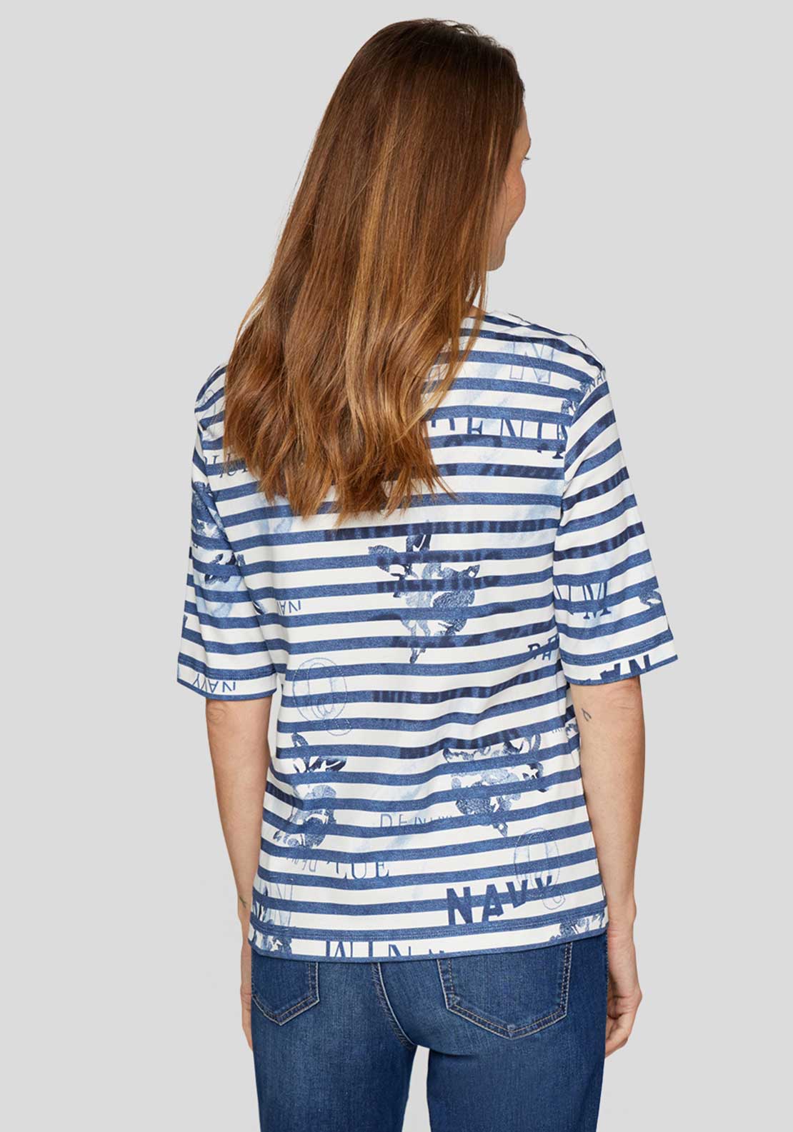 Rabe Floral Print Striped Top, Navy and White
