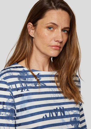 Rabe Floral Print Striped Top, Navy and White