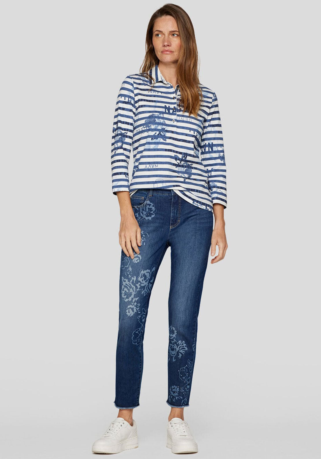 Rabe Striped Floral Print Polo Top, Navy and White