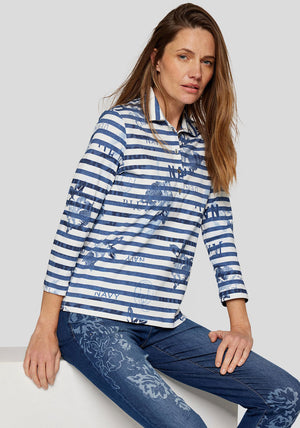 Rabe Striped Floral Print Polo Top, Navy and White