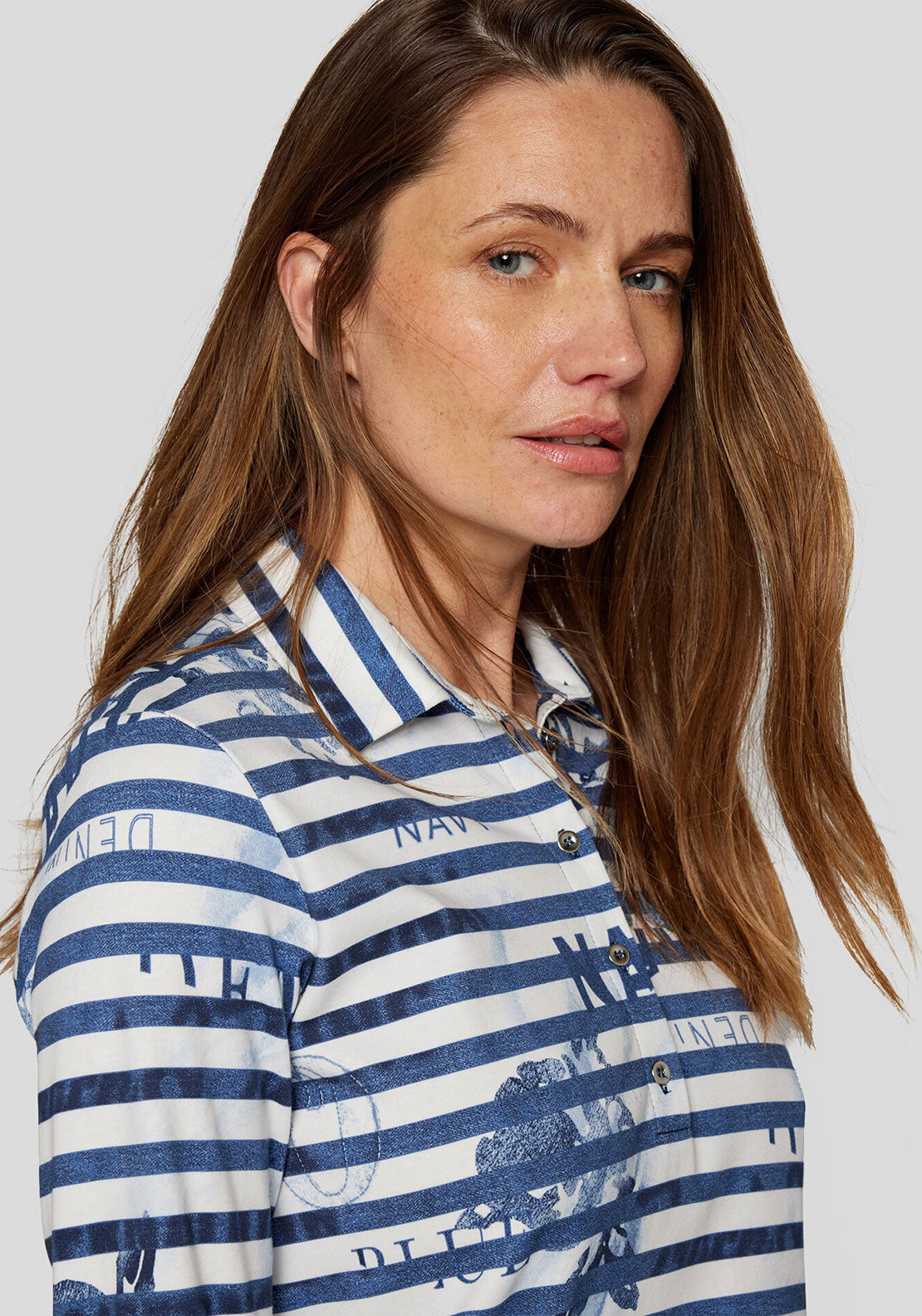 Rabe Striped Floral Print Polo Top, Navy and White