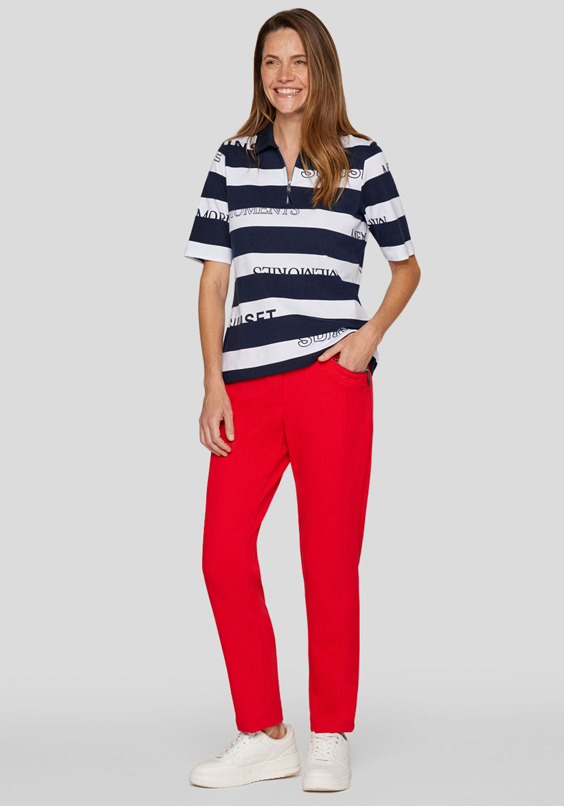 Rabe Striped Zipped Polo T Shirt, Navy and White