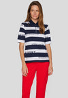 Rabe Striped Zipped Polo T Shirt, Navy and White