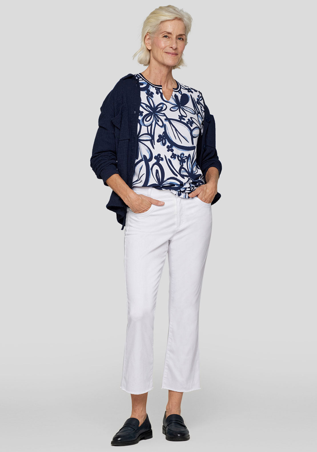 Rabe Floral Print Top, Navy and White