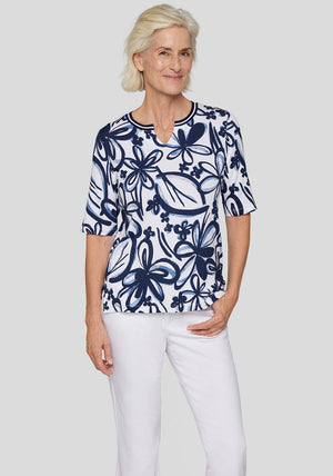 Rabe Floral Print Top, Navy and White