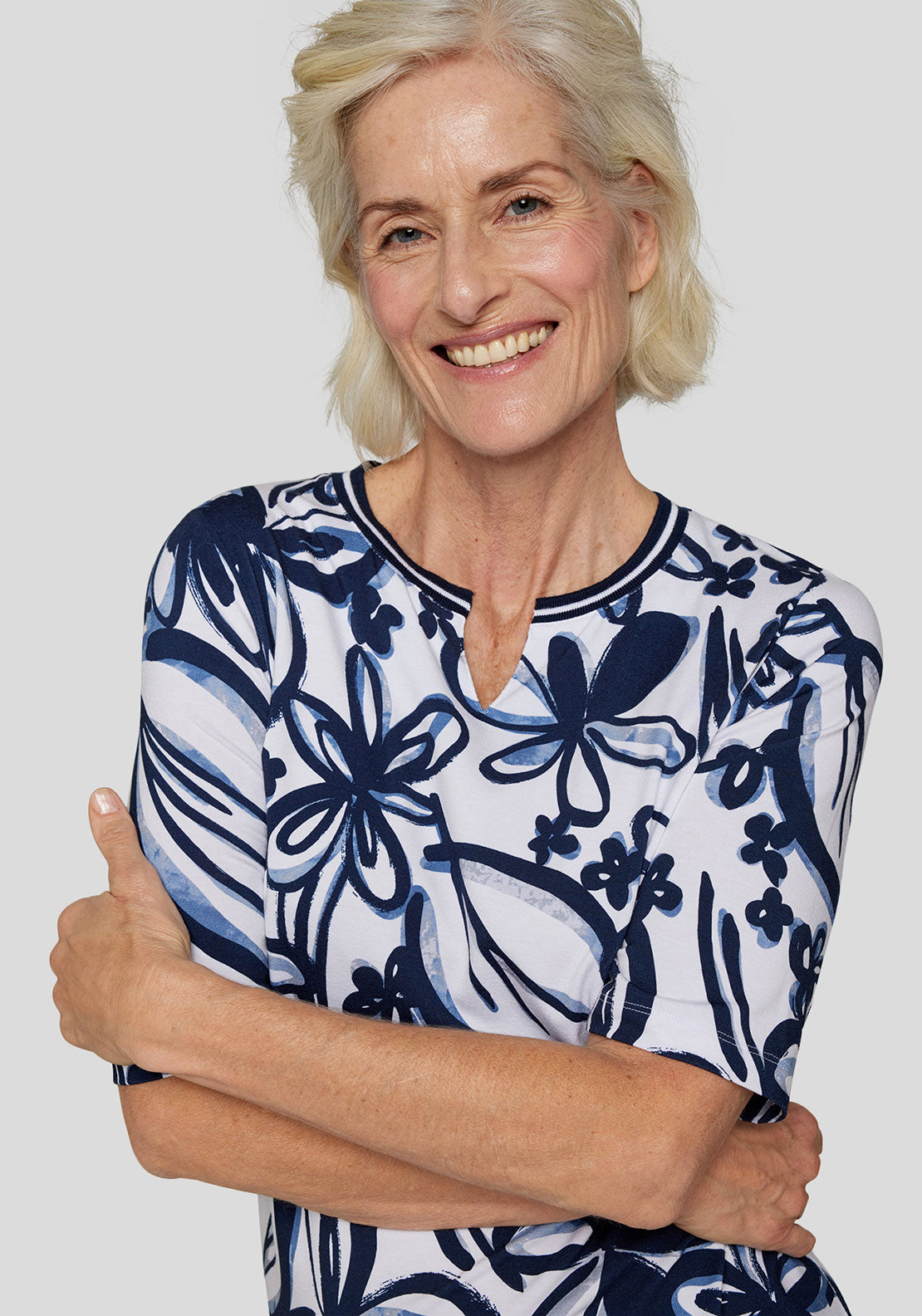 Rabe Floral Print Top, Navy and White