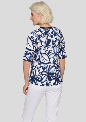 Rabe Floral Print Top, Navy and White