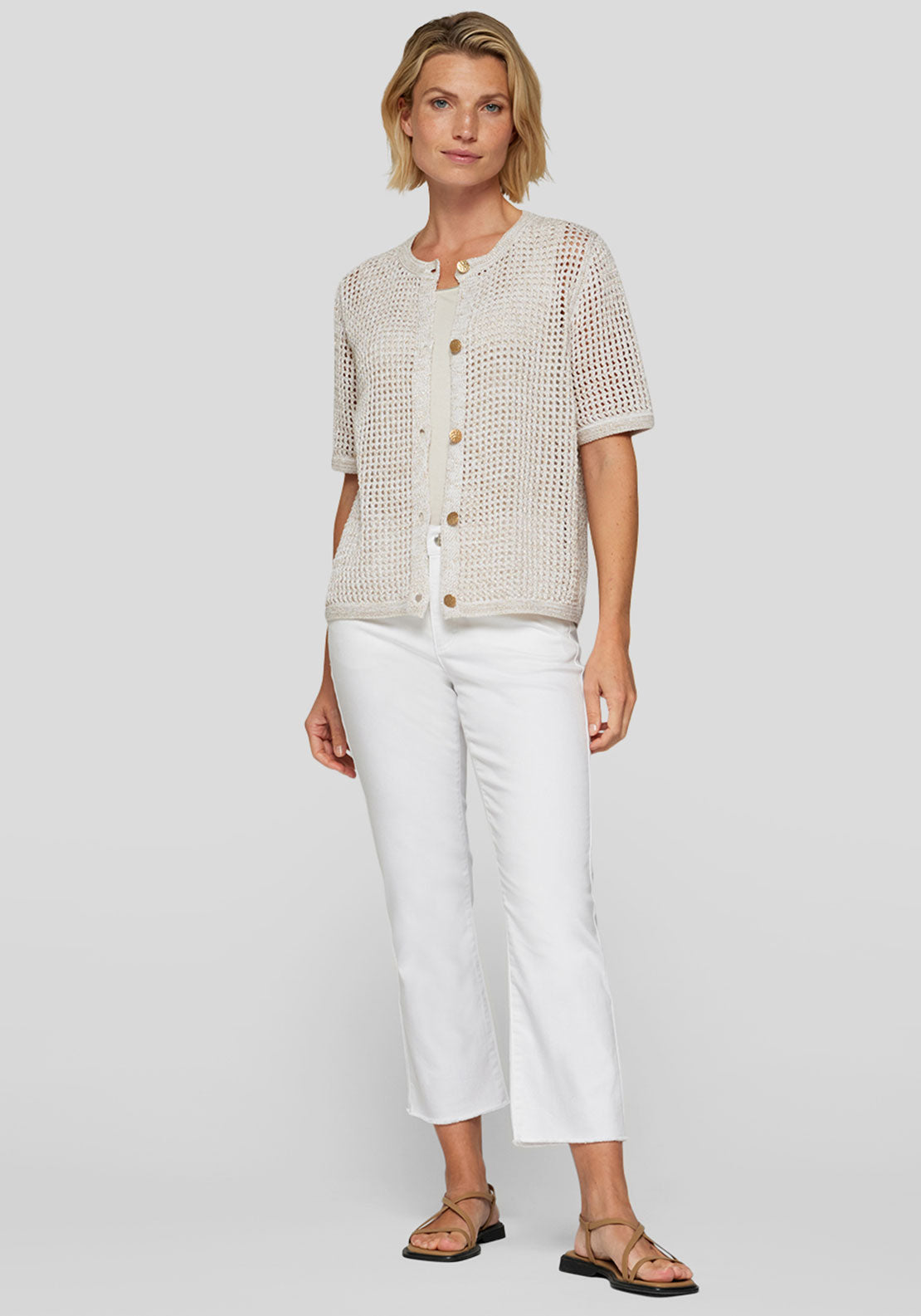 Rabe Metallic Short Sleeve Cardigan, Beige