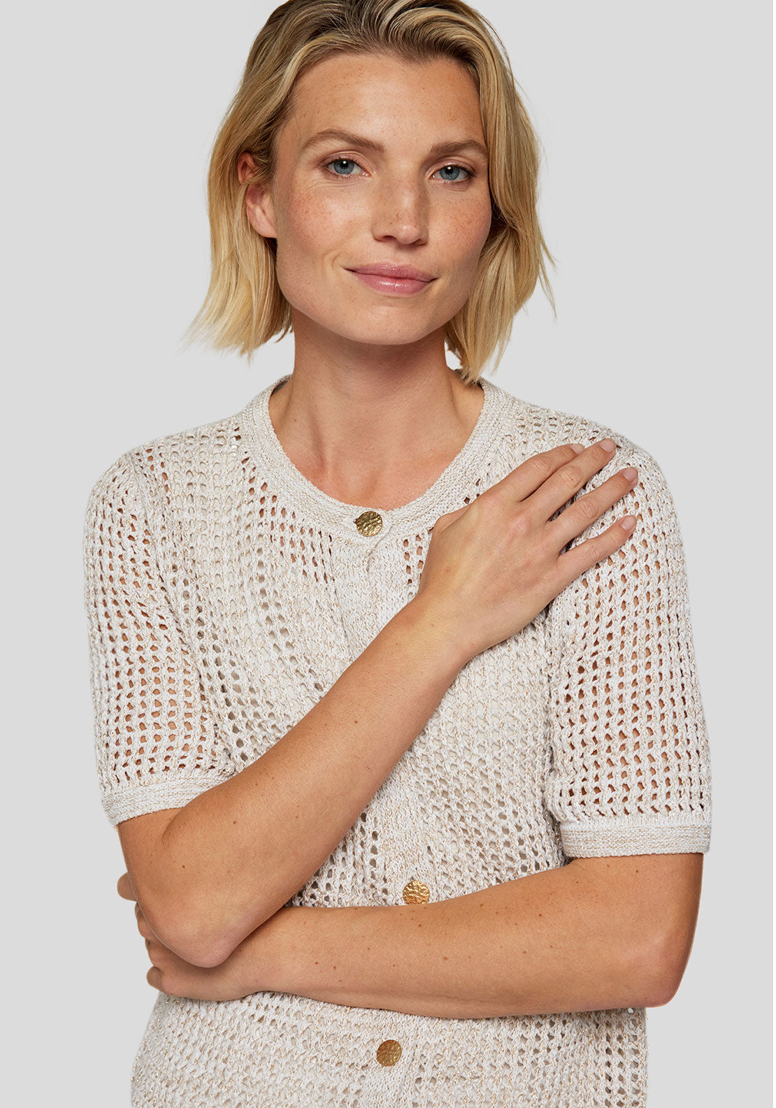 Rabe Metallic Short Sleeve Cardigan, Beige