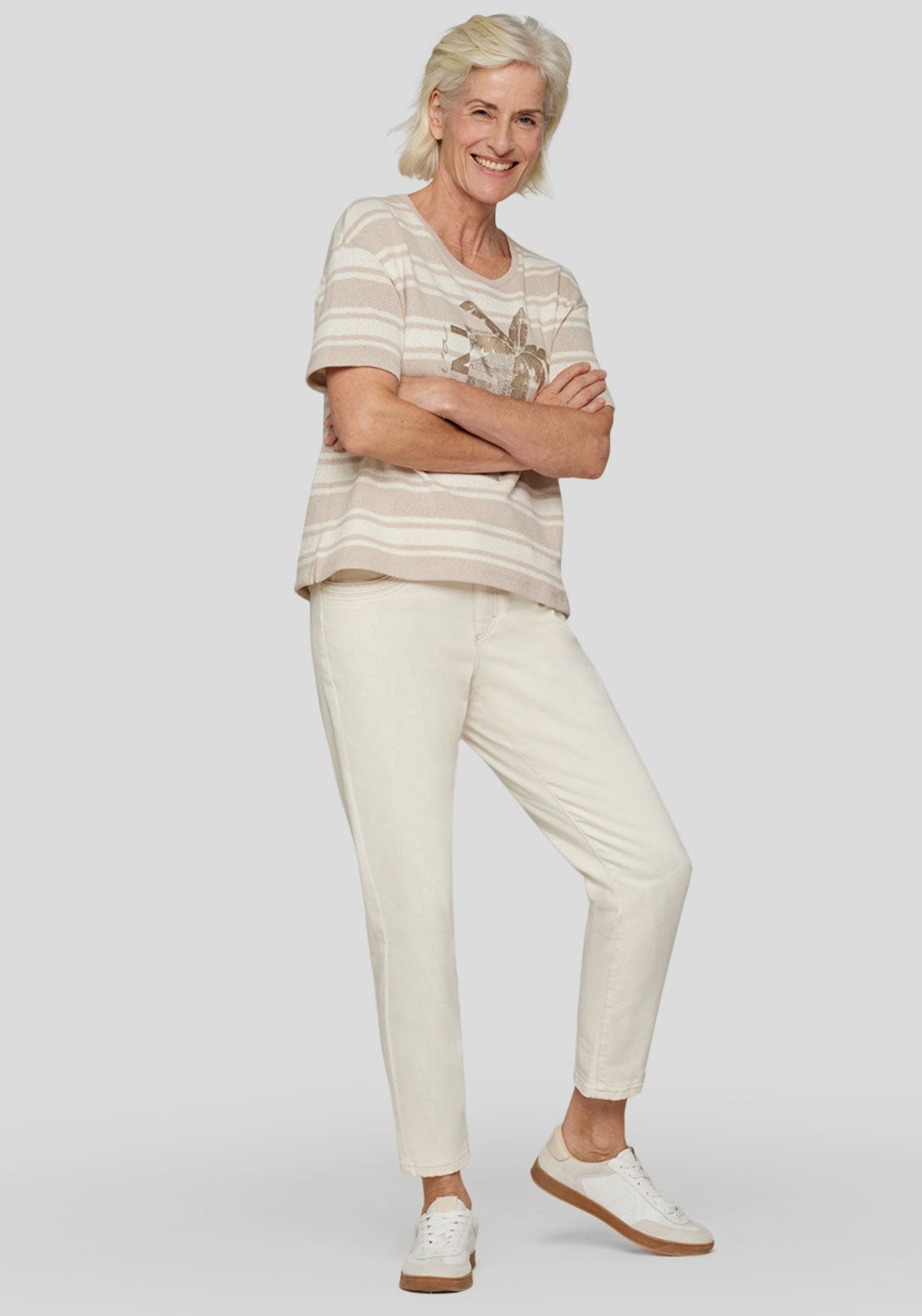 Rabe Embellished Striped Top, Beige and White