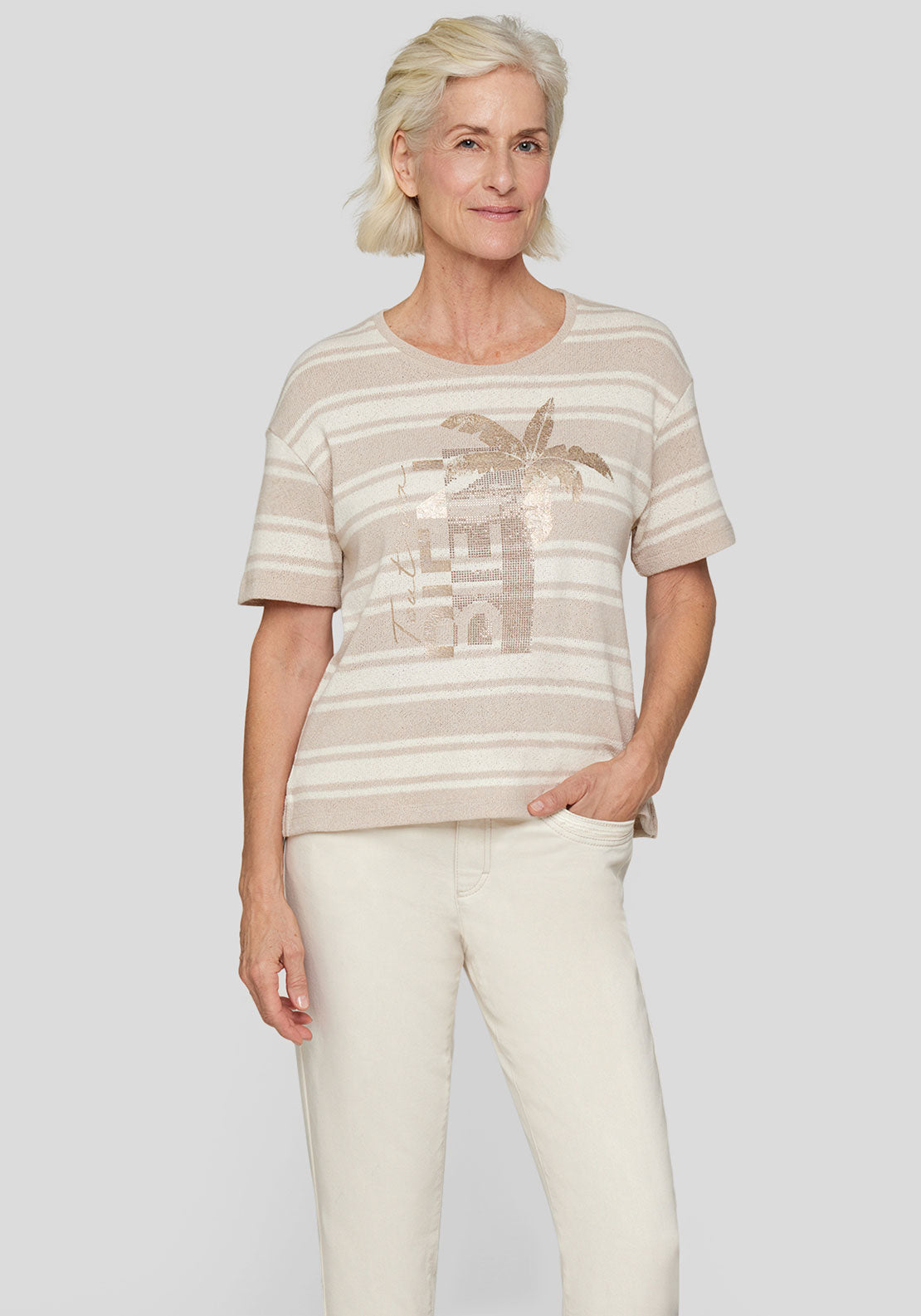 Rabe Embellished Striped Top, Beige and White