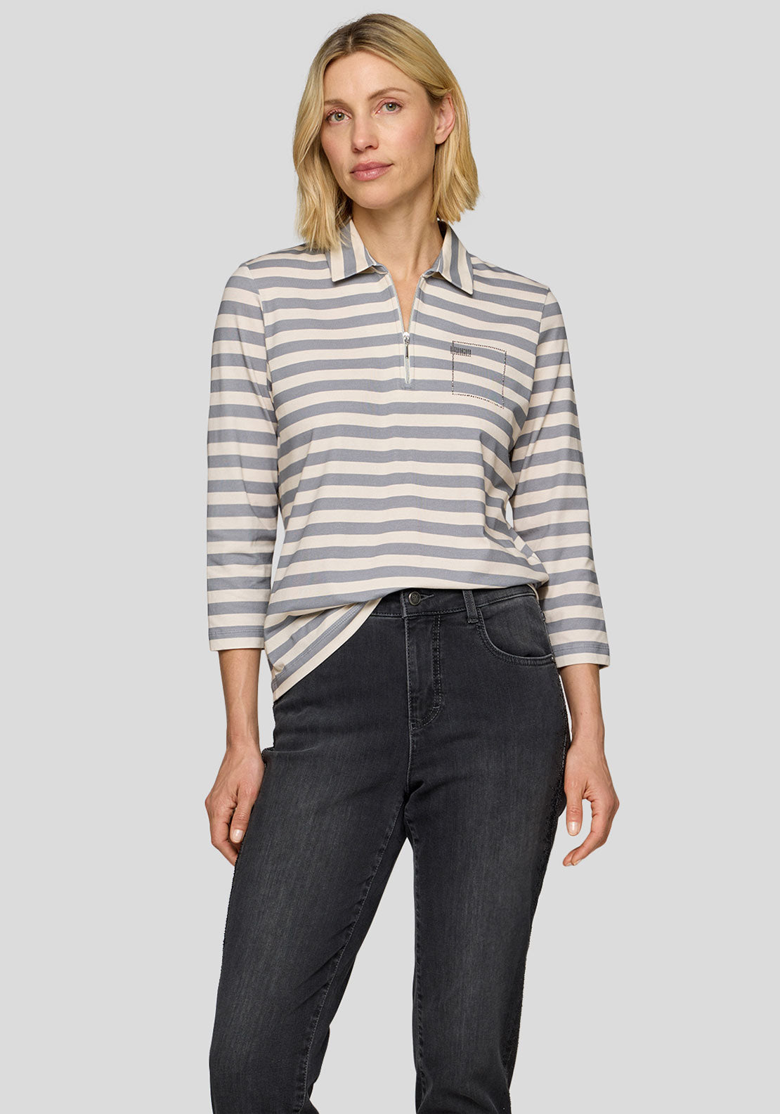 Rabe Zip Detail Striped Print Top, Grey and White