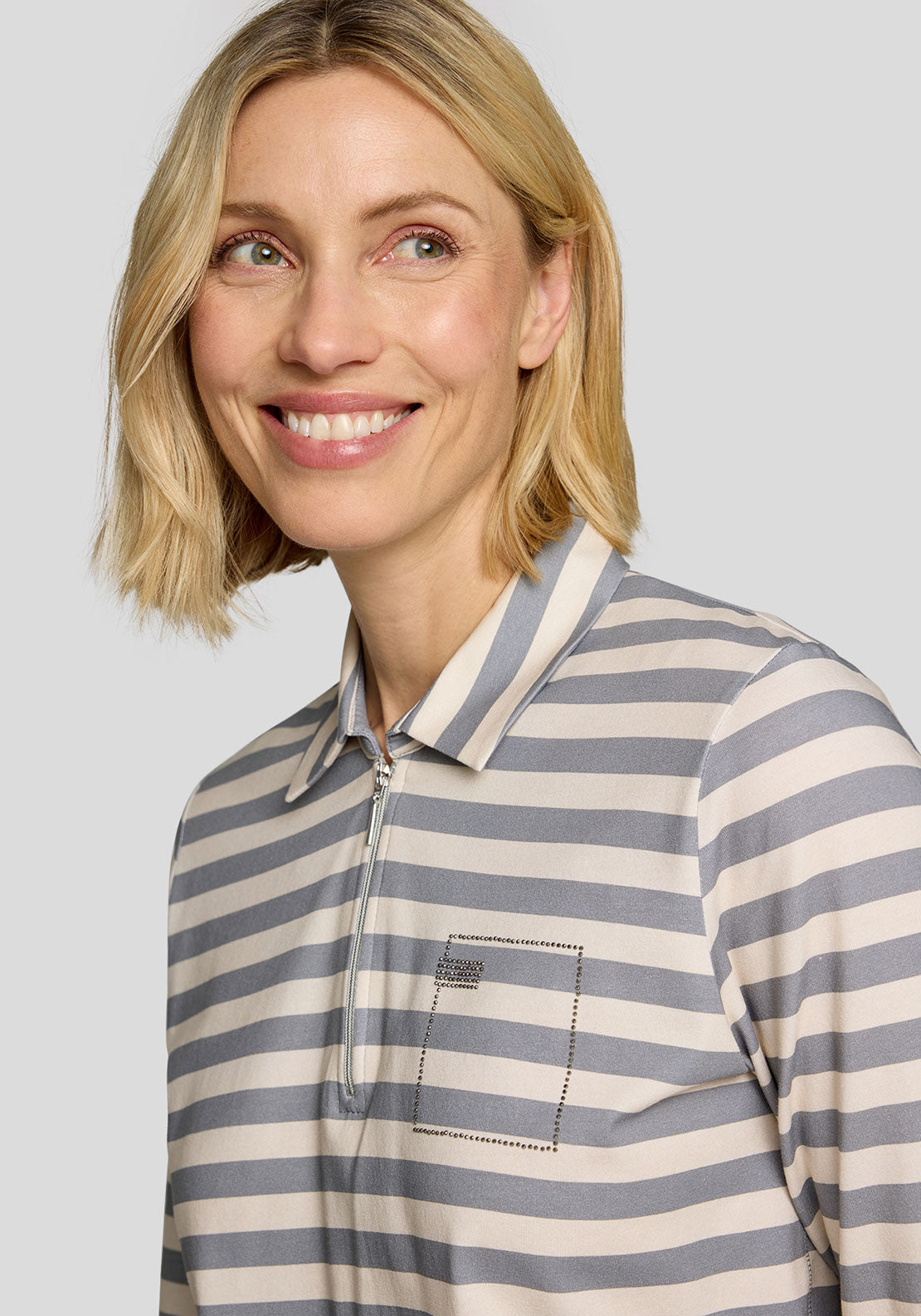 Rabe Zip Detail Striped Print Top, Grey and White