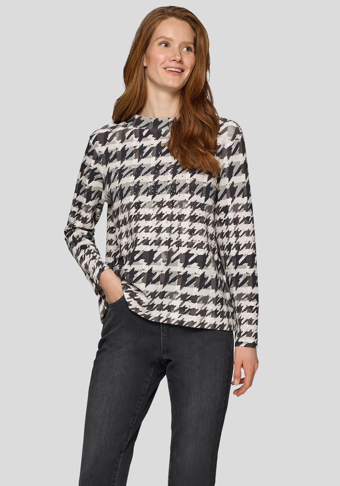 Rabe Houndstooth Long Sleeve Top, Grey