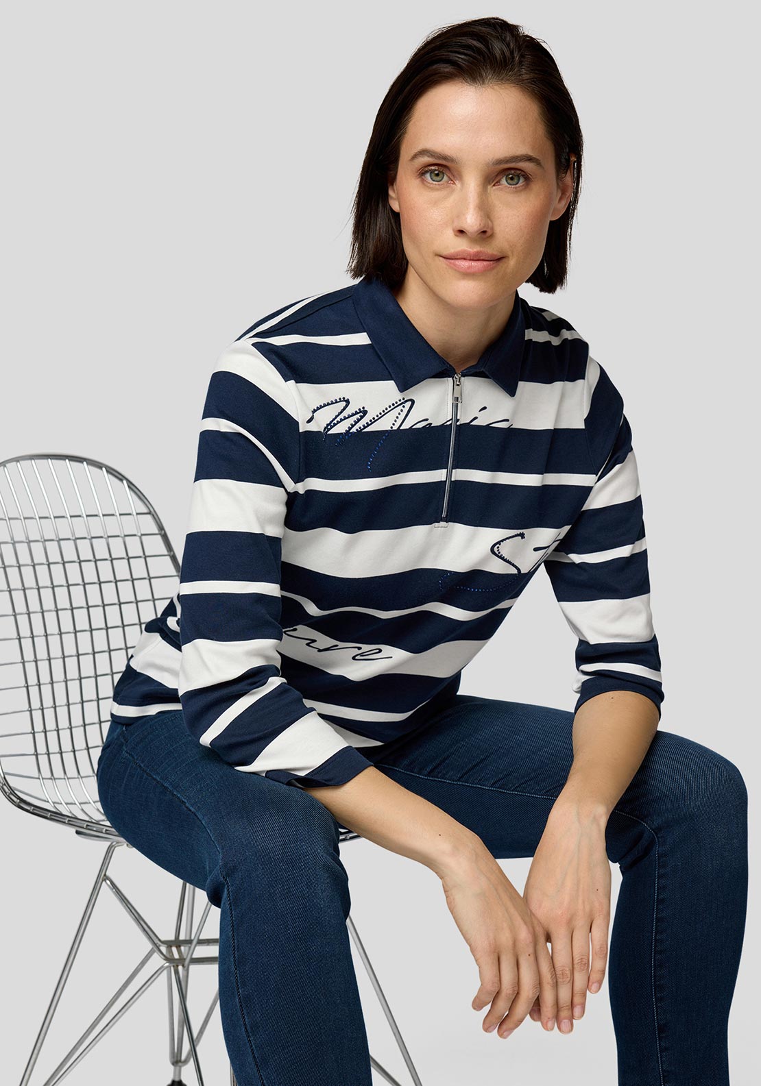 Rabe Embellished Striped Polo Top, Navy and White