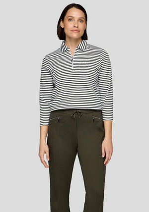 Rabe Striped Polo Neck Top, Black and White