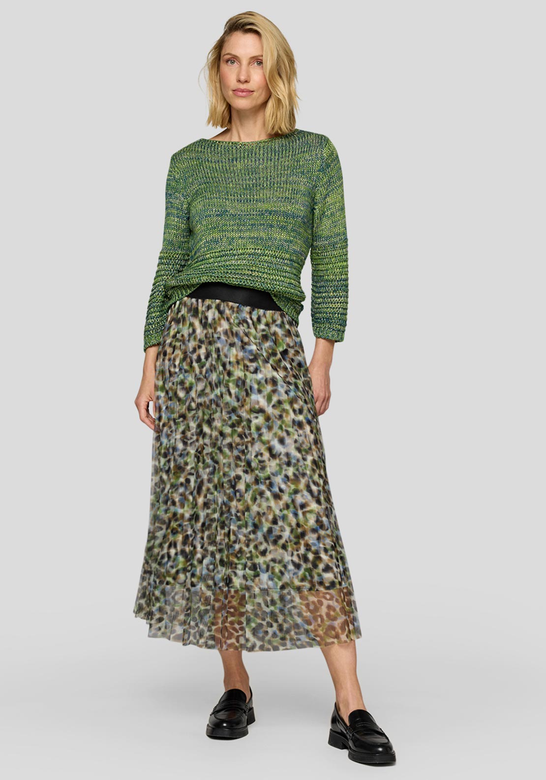 Rabe Leopard Print Pleated Skirt, Green