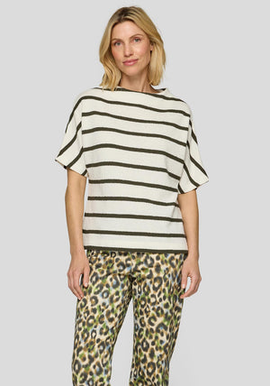 Rabe Striped Short Sleeve Sweater, White and Black