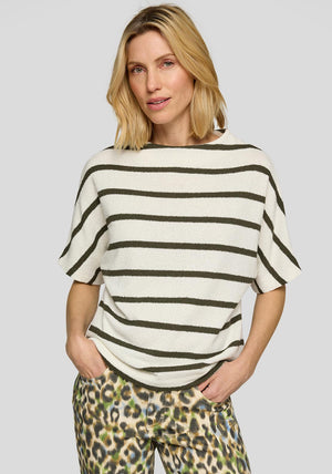 Rabe Striped Short Sleeve Sweater, White and Black