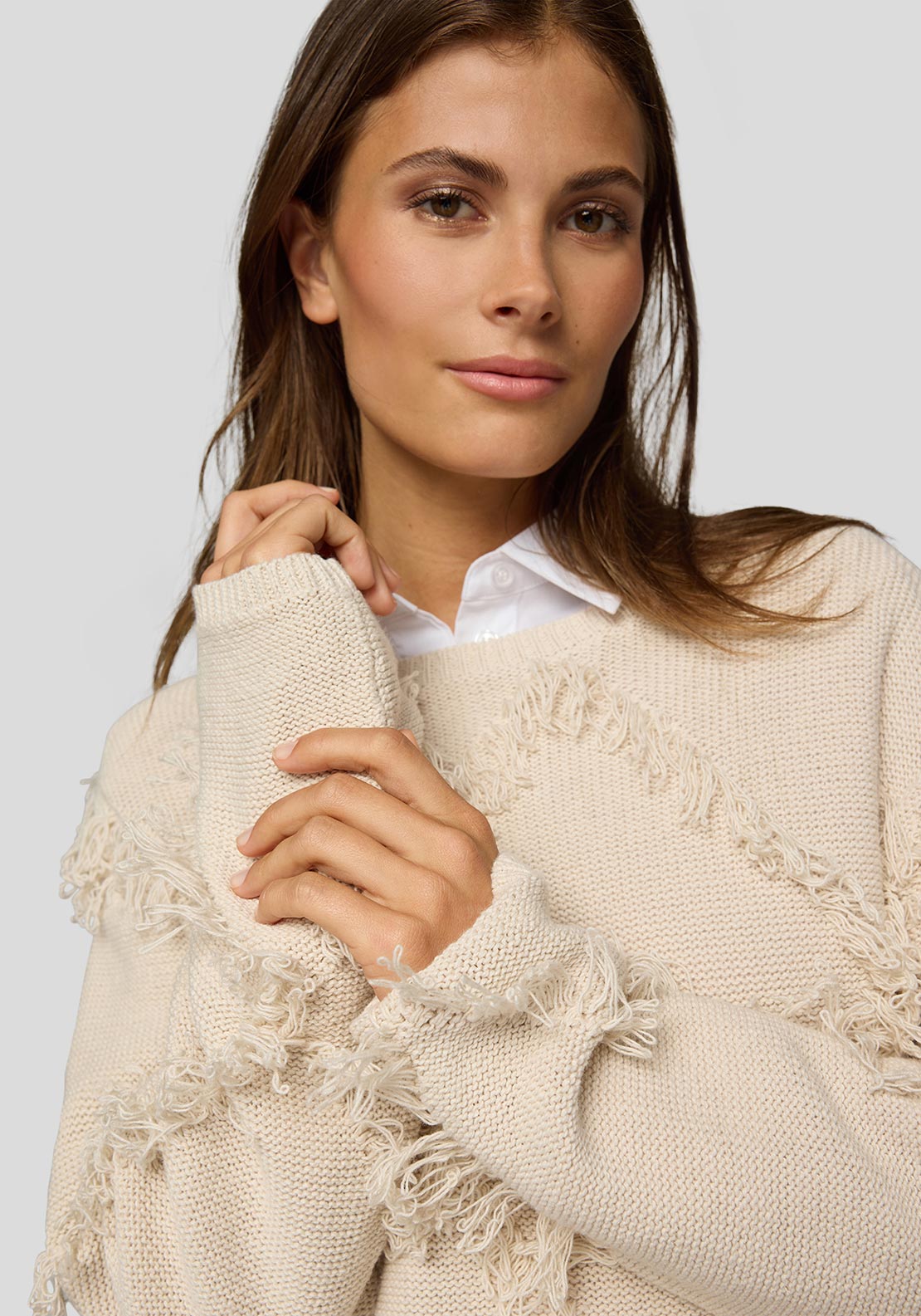 Rabe Diamond Fringe Knit Jumper, Beige