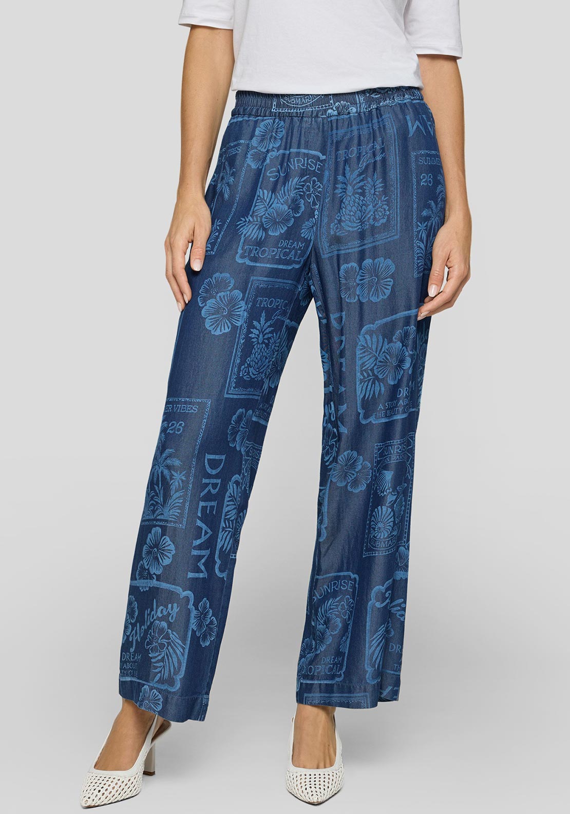 Rabe Graphic Print Denim Look Elasticated Trousers, Blue