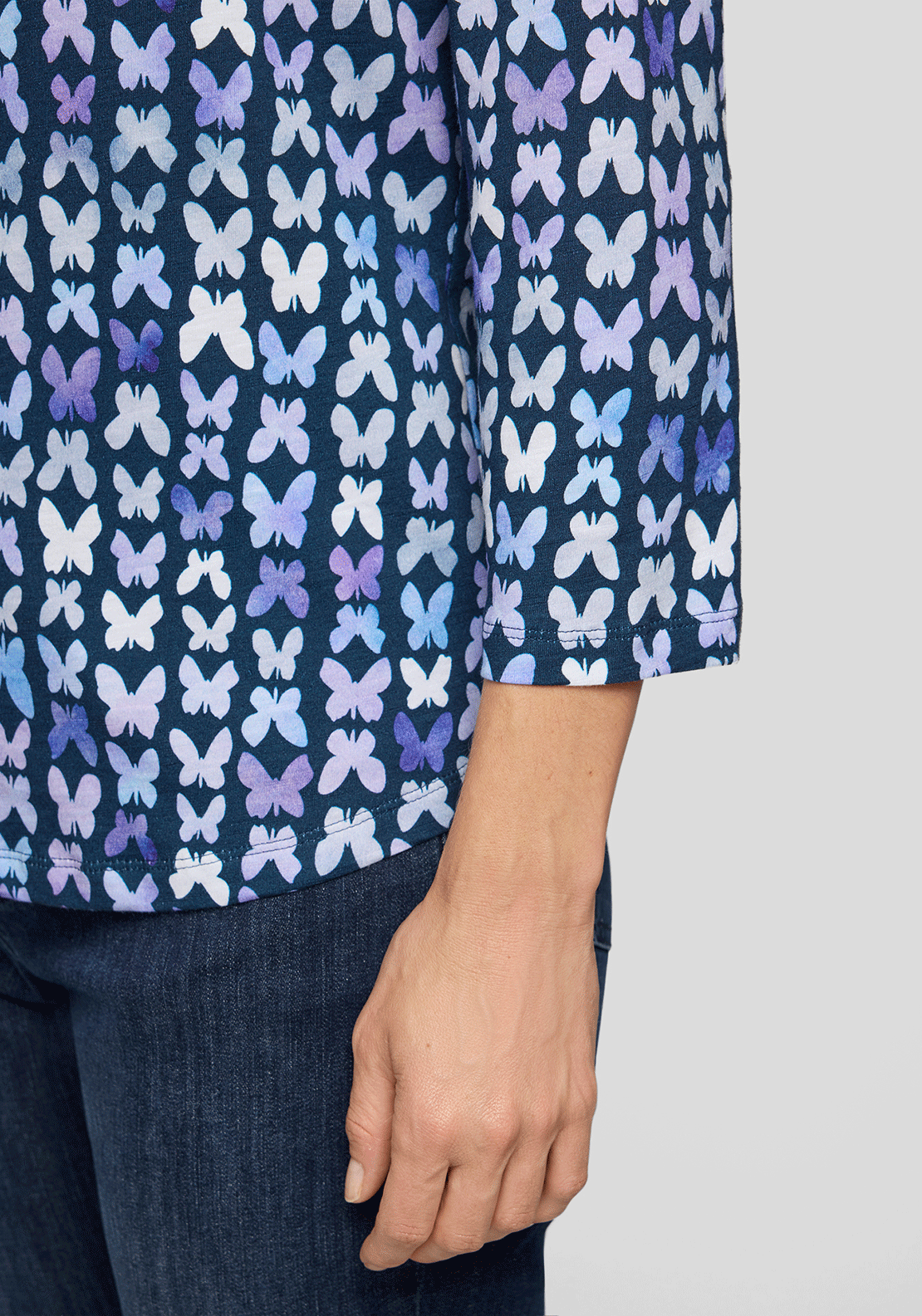 Rabe Butterfly Print Cropped Sleeve Top, Purple & Navy