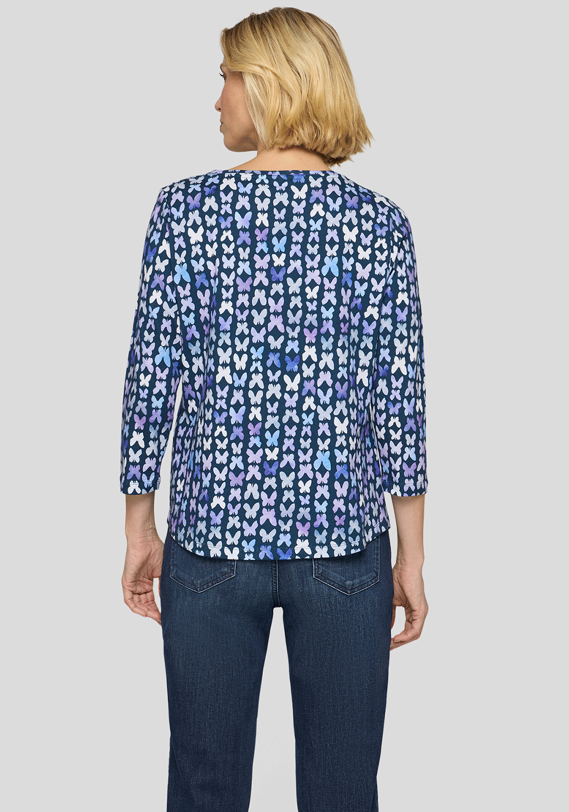 Rabe Butterfly Print Cropped Sleeve Top, Purple & Navy