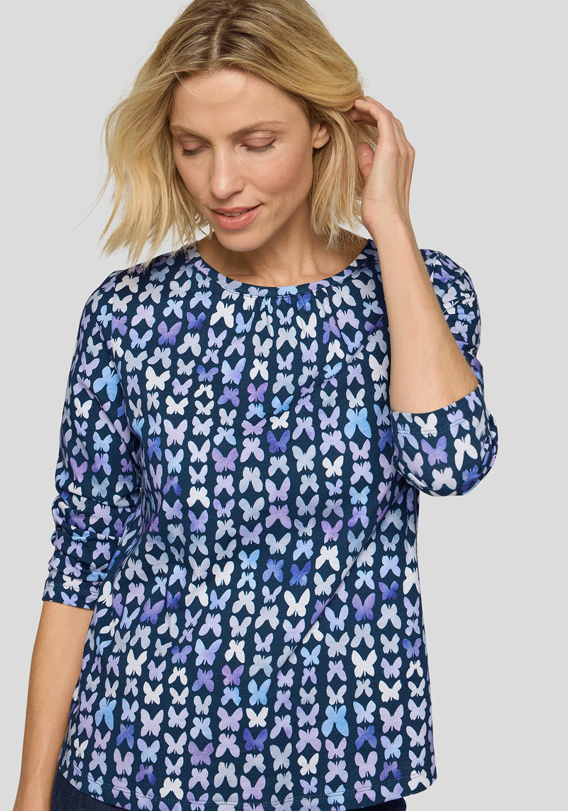 Rabe Butterfly Print Cropped Sleeve Top, Purple & Navy