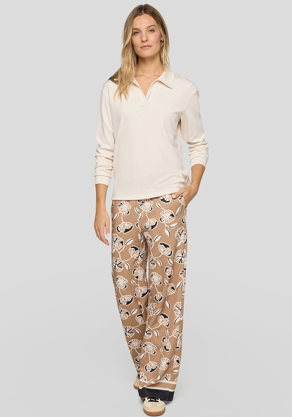 Rabe Rhinestone Trim Collar Drawstring Top, Cream