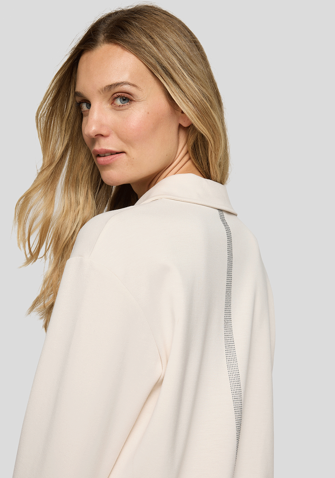 Rabe Rhinestone Trim Collar Drawstring Top, Cream